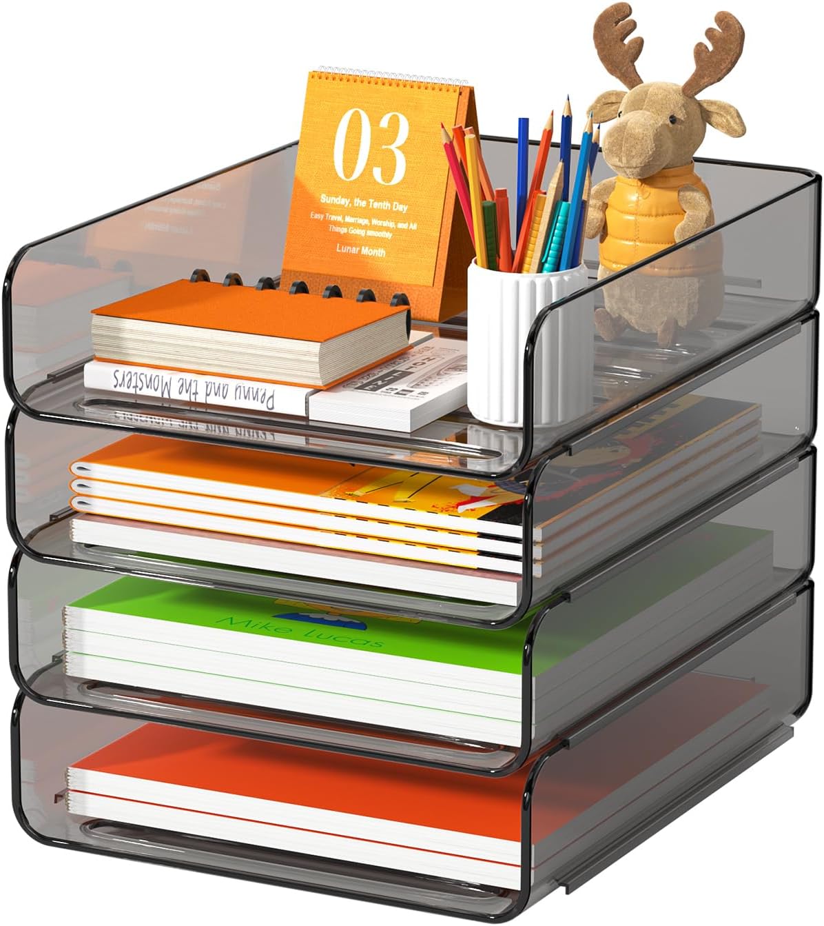 FANXIYQ 4-Tier Acrylic Paper Tray Organizer, Clear Stackable Desk File Organizer for Documents, Files, Letters, A4 Paper, Books, Notes, Mail & Paper Storage, Office Classroom Home