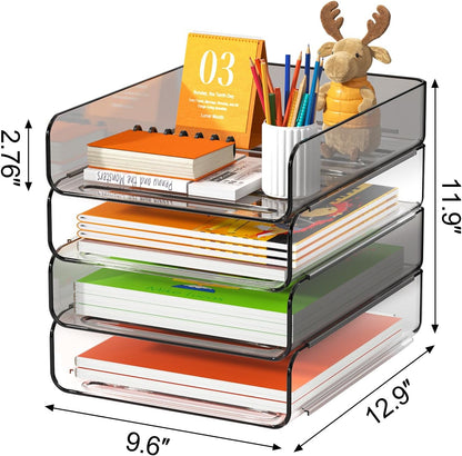 FANXIYQ 4-Tier Acrylic Paper Tray Organizer, Clear Stackable Desk File Organizer for Documents, Files, Letters, A4 Paper, Books, Notes, Mail & Paper Storage, Office Classroom Home