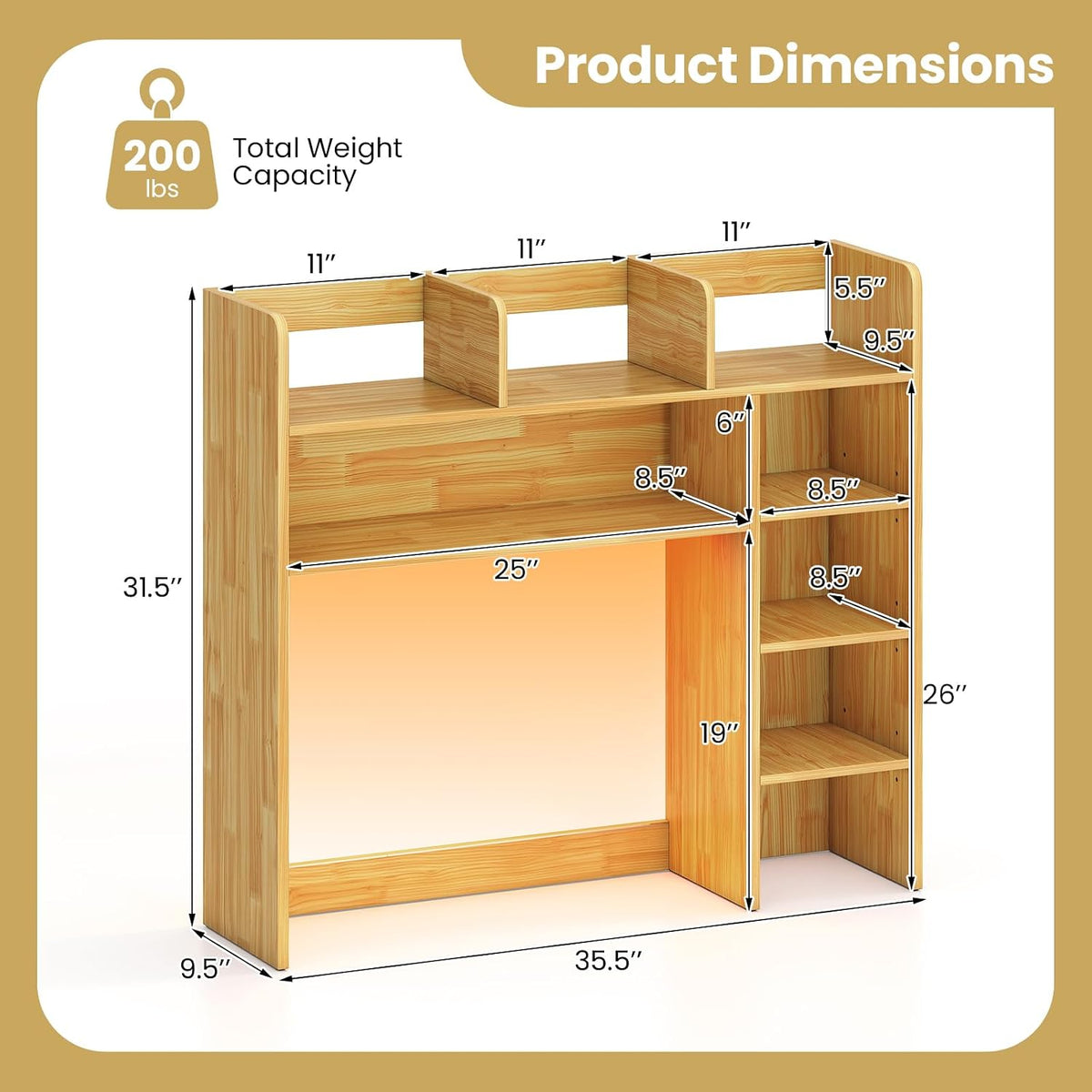 Desktop Bookshelf, Countertop Storage Hutch with 5 Shelves for Computer Desk, Desk 3-Tier Display Rack, Multipurpose Wood Desktop Hutch Storage Organizer for Dorm Office Home