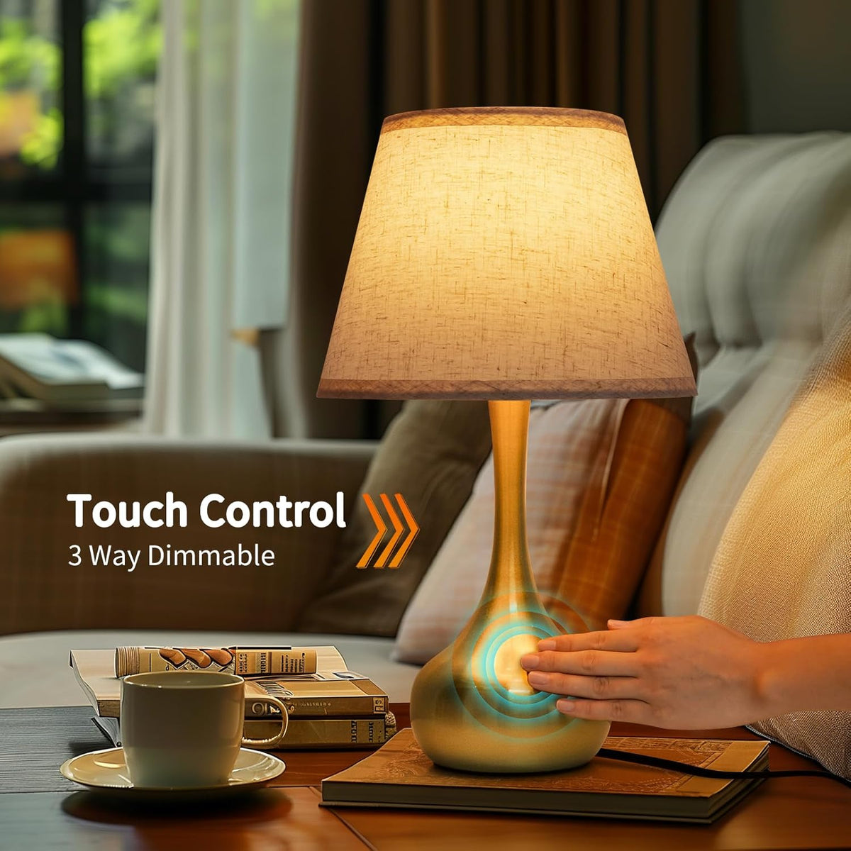 ONEWISH Touch Bedside Lamp for Bedroom, 3-Way Dimmable Farmhouse Table Lamps for Nightstand with Fabric Shade, Desk Lamp for Kids Reading, Home Office