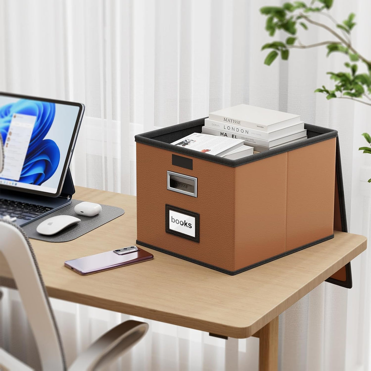 Upgraded Portable File Organizer Box with Lid, Collapsible Linen Hanging Filing Storage Boxes with Plastic Slides, Decorative Home/Office Filing System Box for File and Folders Storage (Gray)