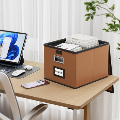 Upgraded Portable File Organizer Box with Lid, Collapsible Linen Hanging Filing Storage Boxes with Plastic Slides, Decorative Home/Office Filing System Box for File and Folders Storage (Gray)