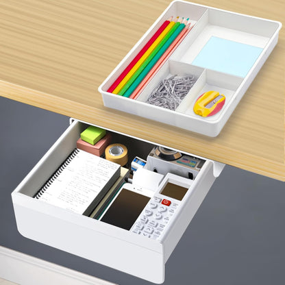 SVNNELP Under Desk Table Drawer Storage Organizer, Slide Out Drawer with 4 Compartments Divider,Pencil Storage Self-Adhesive Tray Under Table (M/White+White)