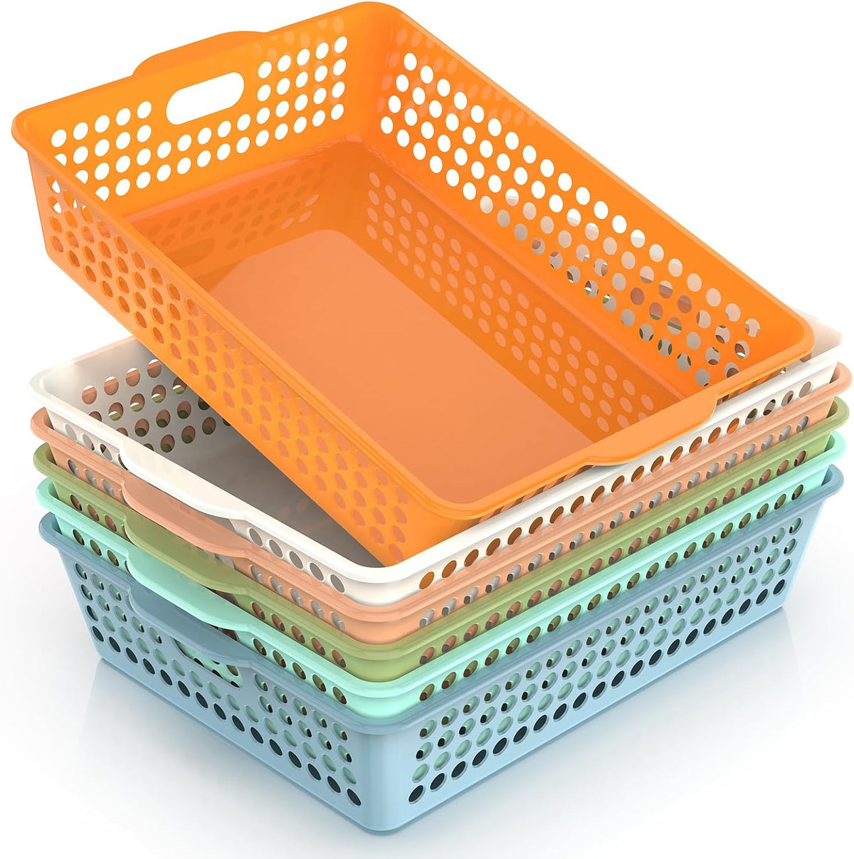 QRRICA 6 Pack Plastic Classroom Storage Baskets, Paper Trays for Classroom Organization & Turn in Trays for Teachers, Students, Desk Organizer Bin 13.8x10.6x3.1 Inch (Rainbow)