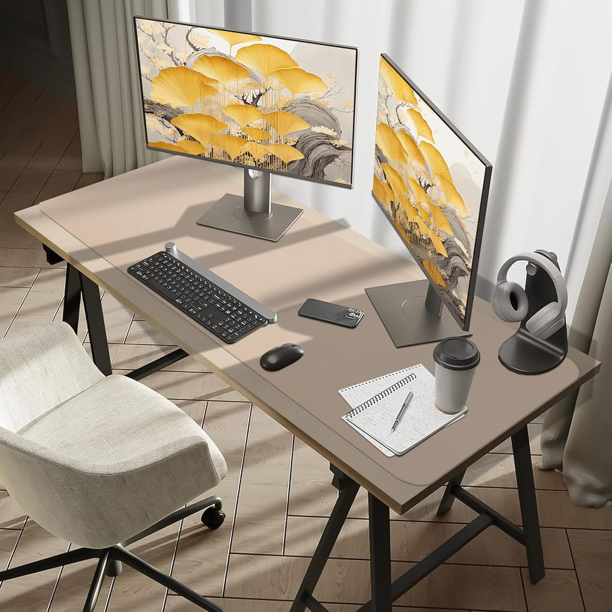 Bloss Leather Desk Pad and Keyboard Wrist Rest, Large Mouse Pad + Keyboard Pad+Mouse Wrist Support, Non-Slip Desk Mat Protector for Office, Home(31.5×15.7 Inches,Beige) - Colors A