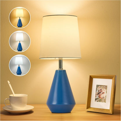 Small Bedside Table Lamp for Bedroom - Reading Desk Lamp with 3 Color Temperatures，15.5" Nightstand Ceramic Lamp with Fabric Shade for Kids Room,Living Room,Dorm,Home Office (Green)
