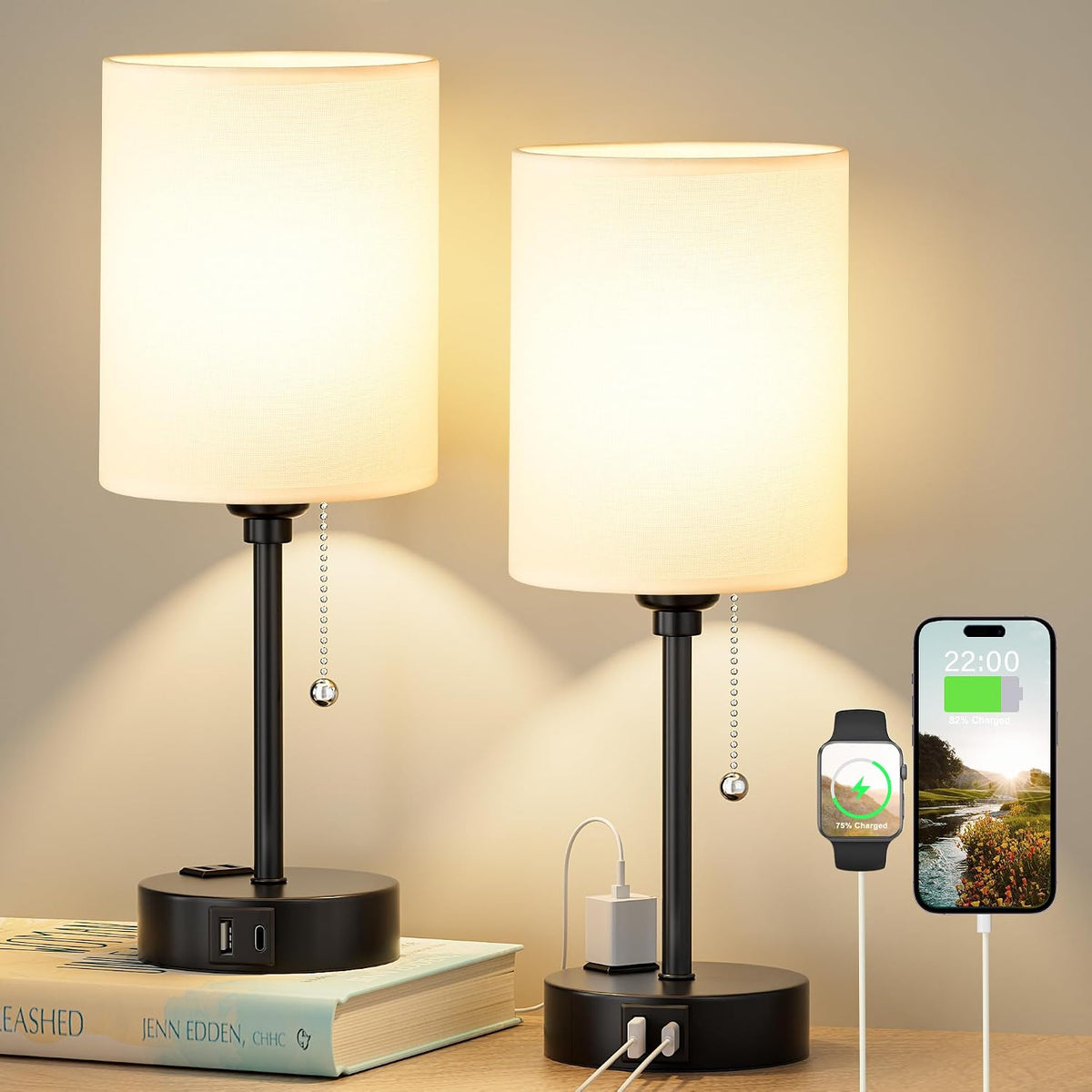 Dicoool Bedside Table Lamp for Bedroom - Small Desk Lamp with USB Ports