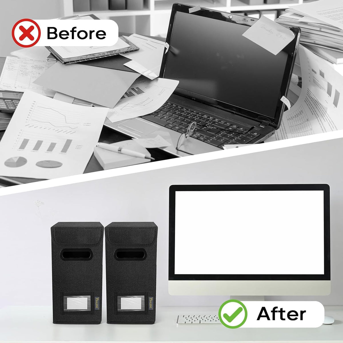 BALEINE File Organizer Box with Lid, Collapsible File Folder Organizer with Plastic Slide, Hanging File Folder Box for Office Document Storage (Black)