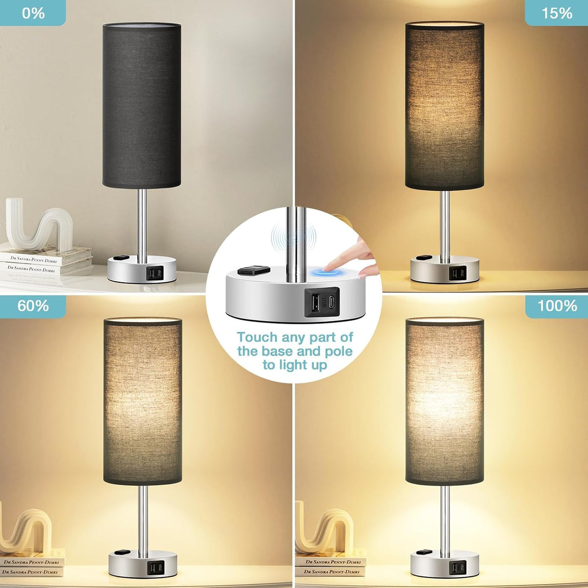 Fenmzee Bedside Table Lamp for Bedroom - Dimmable Touch, USB A+C, AC Outlet