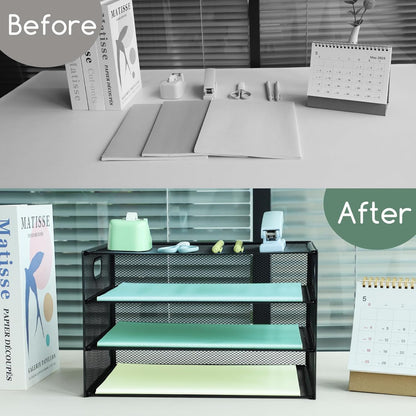 Paper Letter Tray with Handle, 3 Tier Metal Mesh Desk File Organizer, A4 Paper Desktop Filing Trays, Desk Tidy Magazine Document Holder for Home Office, Black