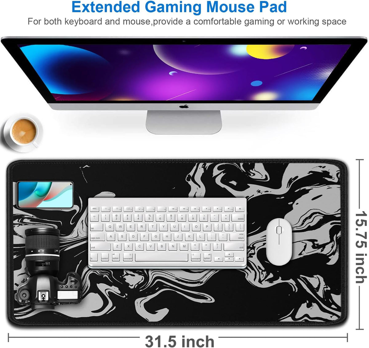 Large Gaming Mouse Pad, 31.5x15.7 inch Large Extended Computer Keyboard Mouse Mat, Water Resist Non-Slip Mousepad Rubber Base Long XXL Desk Mouse Pad for Work & Gaming, Office & Home, Black