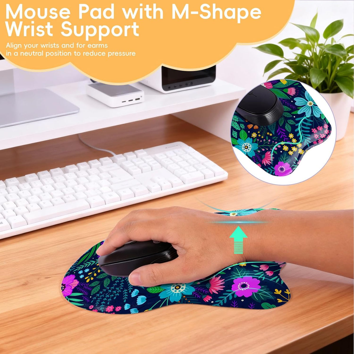 Wrist Support Mouse Pad Anti Slip Rubber Wrist Rest Mousepad 9in X 8in Small Desktop Notebook Mouse Mat for Working and Gaming (M-Pink Floral)