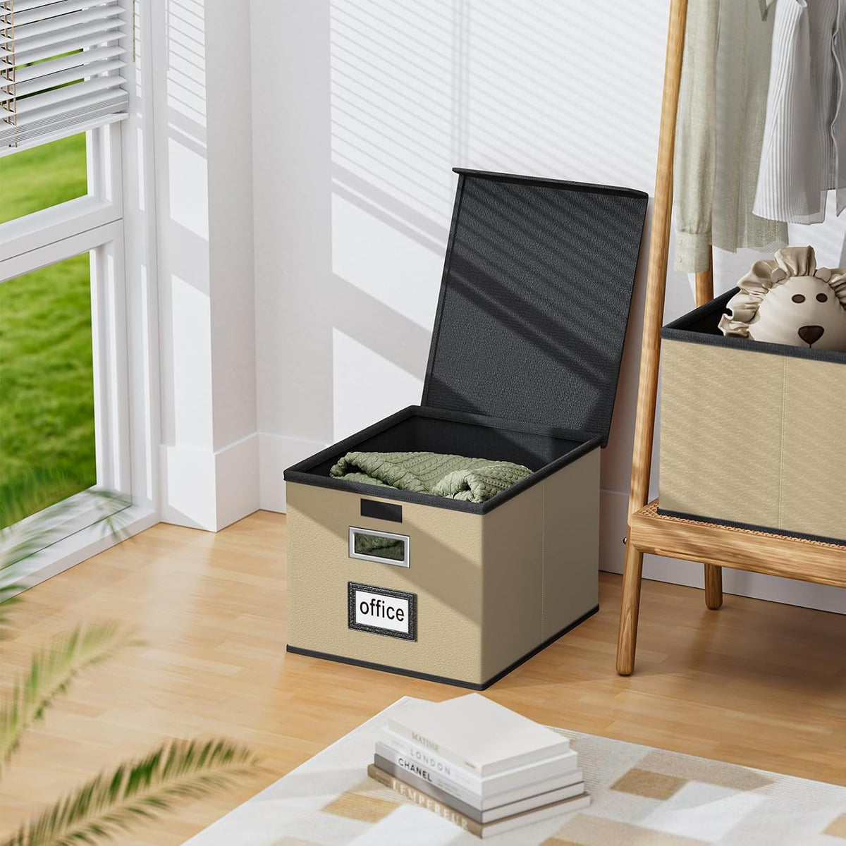 Upgraded Portable File Organizer Box with Lid, Collapsible Linen Hanging Filing Storage Boxes with Plastic Slides, Decorative Home/Office Filing System Box for File and Folders Storage (Gray)