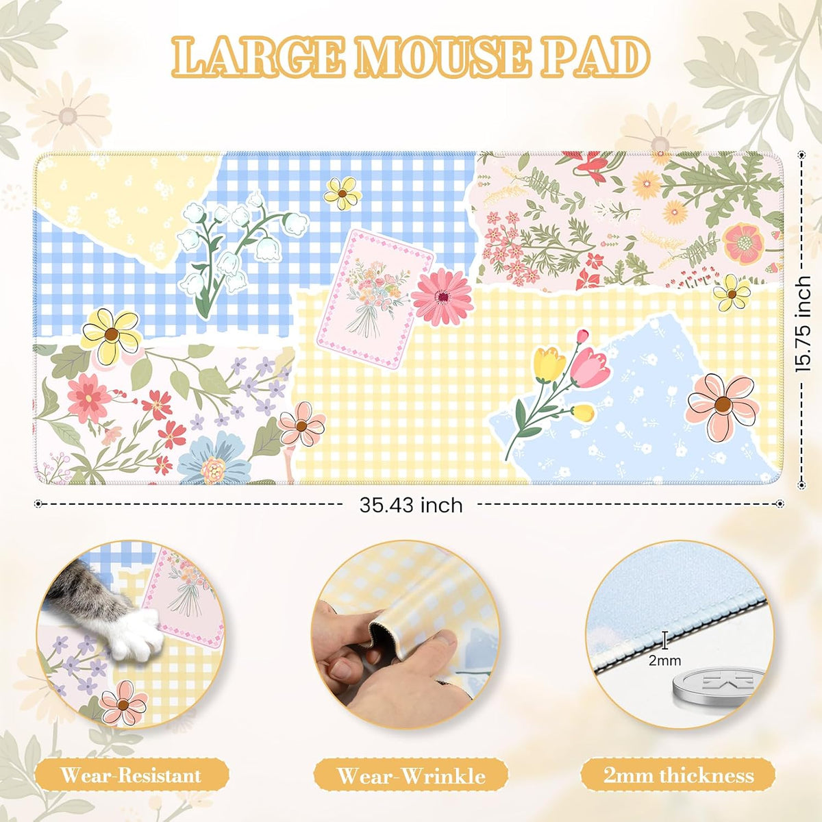 Desk Mat,Mouse Pad for Office Desk,35.4x15.7in,Pink Flowers