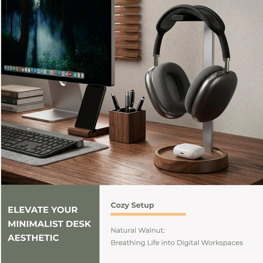 muso wood Walnut Headphone Stand, Universal Headset Stand with Storage Base, Wood Desktop Headphone Holder for Gaming Headset and Music Headset