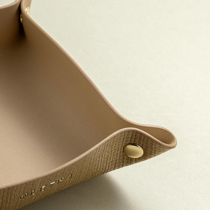 OLETHA Small Foldable Valet Tray, Travel Essentials for Women, Portable Catchall Organizer for Jewelry & Keys, for Hotel Nightstands, Home Office & Desk, Aesthetic Faux Leather, Light Taupe