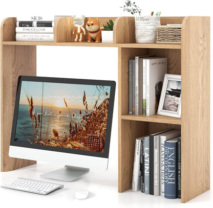 Desktop Bookshelf, Countertop Storage Hutch with 5 Shelves for Computer Desk, Desk 3-Tier Display Rack, Multipurpose Wood Desktop Hutch Storage Organizer for Dorm Office Home