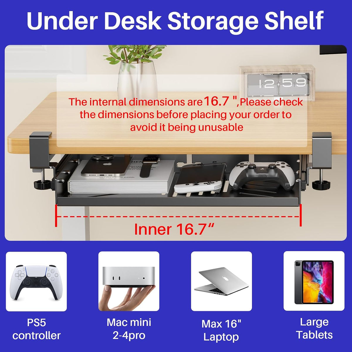 No Drill Under Desk Laptop Mount, Metal Under Desk Storage Shelf with Cable Management, Laptop Storage Tray for MacBook, Keyboard, Mac Mini, Anti-Scratch Silicone, Fits Office, Gaming, Workstations