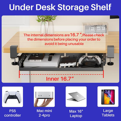No Drill Under Desk Laptop Mount, Metal Under Desk Storage Shelf with Cable Management, Laptop Storage Tray for MacBook, Keyboard, Mac Mini, Anti-Scratch Silicone, Fits Office, Gaming, Workstations