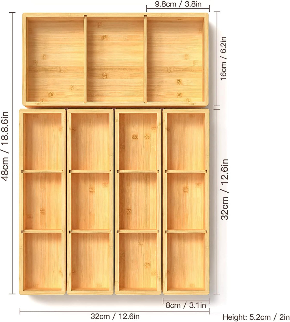 DUJEN Bamboo Drawer Organizer 12.5'' X 12.5'' X 2'', Adjustable 3 Individual Junk Drawer organizer for Bathroom and Kitchen, Wood Drawer Tea Organier Boxes for Silverware, Make up and Tea Bag