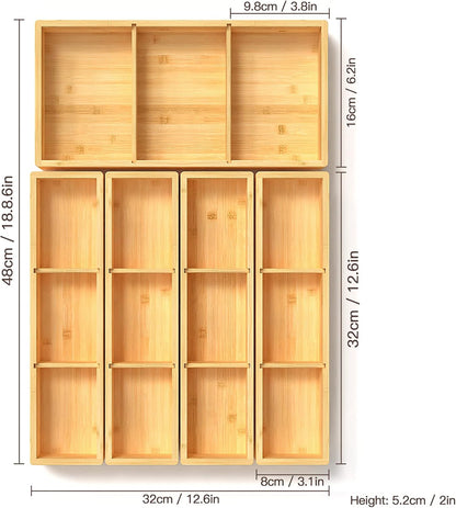 DUJEN Bamboo Drawer Organizer 12.5'' X 12.5'' X 2'', Adjustable 3 Individual Junk Drawer organizer for Bathroom and Kitchen, Wood Drawer Tea Organier Boxes for Silverware, Make up and Tea Bag