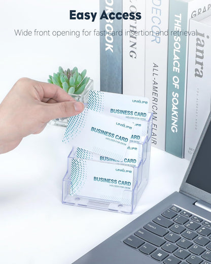 Uniclife Acrylic Business Card Holder for Desk 1 Slot Clear Business Card Display Stand for Men & Women Desktop Business Card Organizer Card Stand for Office Home Exhibition, 60 Card Capacity