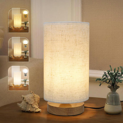 Small Bedside Table Lamp for Bedroom,Natural Round Wood Base&Fabric Linen Shade,Cozy Night Table Light for Study Reading,Minimalist Boho Desk Lamp for Nightstand,Living Room,Nursery,Kitchen,Dorm
