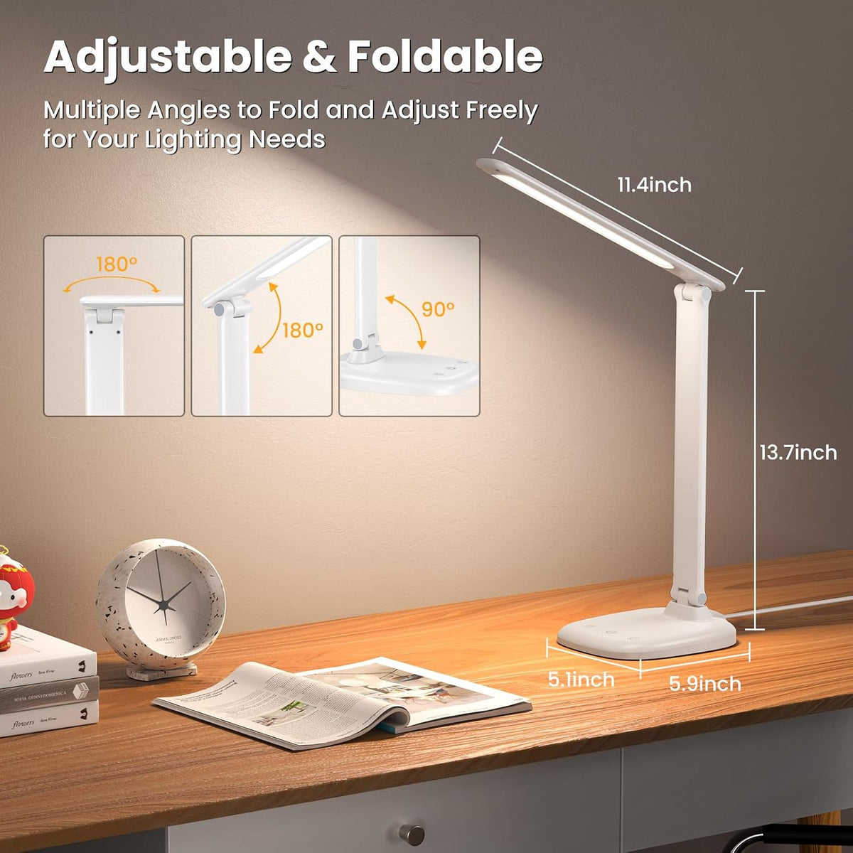 Desk Lamp with Charger, 10%-100% Stepless Dimmable & 5 Color Modes Study Lamp, Touch Control, 30-/60-minute Timer, USB Charging Output Port, CRI≥90, Eye-Caring Foldable LED Desk Lamps for Home Office