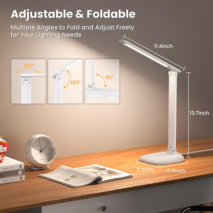 Desk Lamp with Charger, 10%-100% Stepless Dimmable & 5 Color Modes Study Lamp, Touch Control, 30-/60-minute Timer, USB Charging Output Port, CRI≥90, Eye-Caring Foldable LED Desk Lamps for Home Office