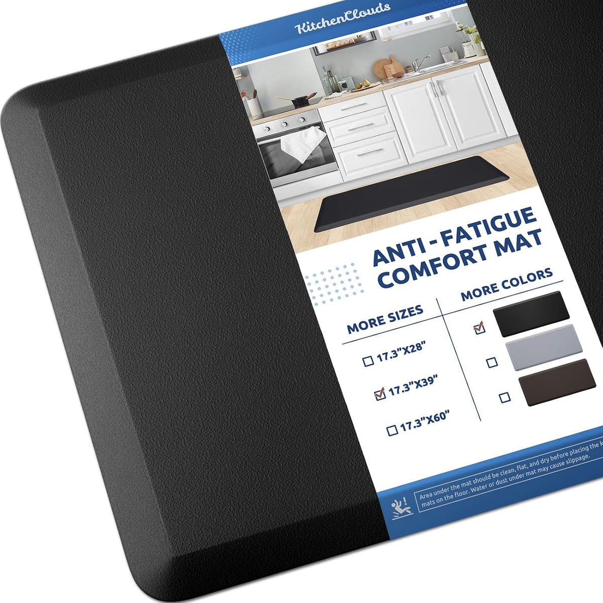 KitchenClouds Kitchen Mat Cushioned Anti Fatigue Rug 17.3"x28" Water Resistant, Non Slip, Standing and Comfort Desk/Floor Mats for House Sink Office (Black)