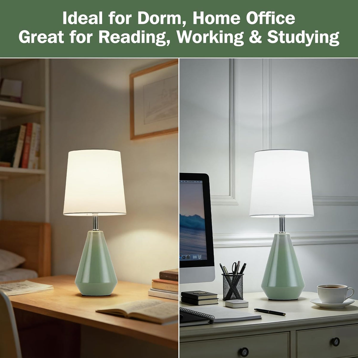 Small Bedside Table Lamp for Bedroom - Reading Desk Lamp with 3 Color Temperatures，15.5" Nightstand Ceramic Lamp with Fabric Shade for Kids Room,Living Room,Dorm,Home Office (Green)