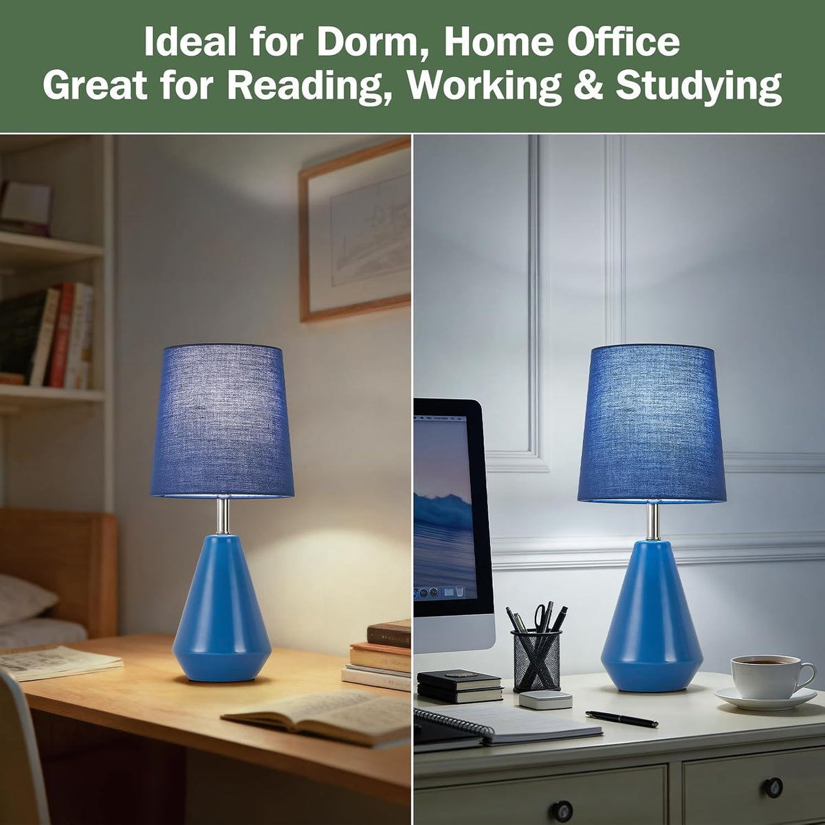 Small Bedside Table Lamp for Bedroom - Reading Desk Lamp with 3 Color Temperatures，15.5" Nightstand Ceramic Lamp with Fabric Shade for Kids Room,Living Room,Dorm,Home Office (Green)