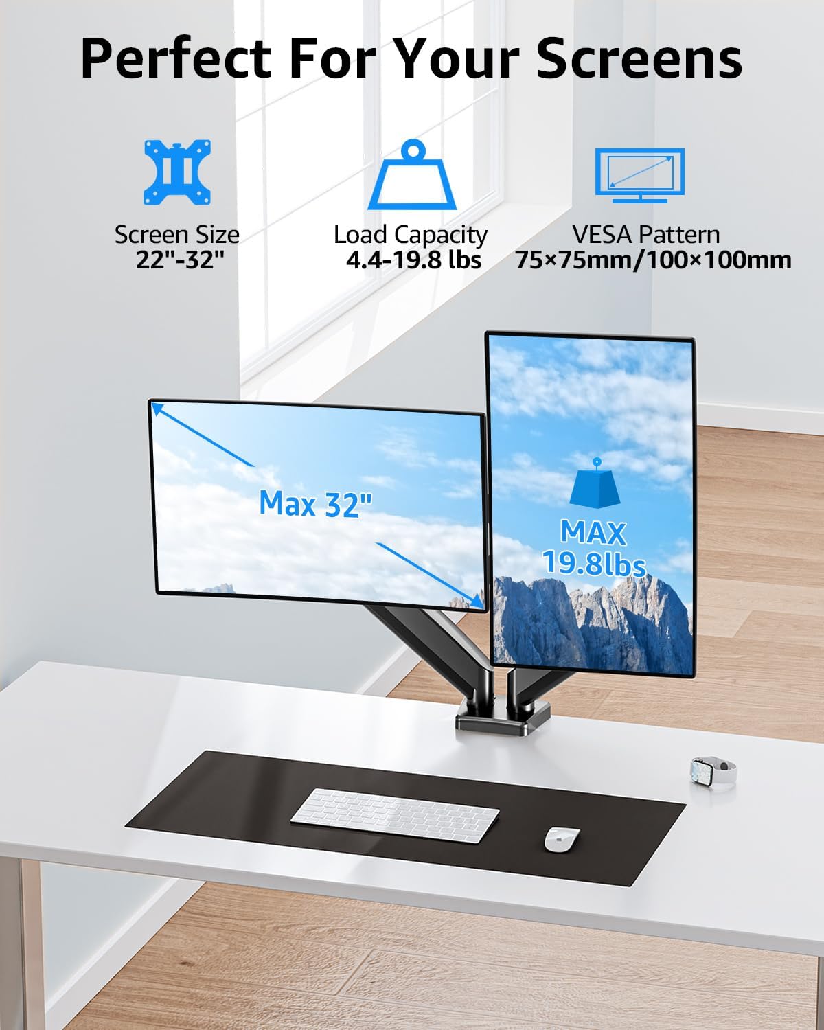 Dual Monitor Stand fits up to 32 inch, 4.4-19.8 lbs Computer Screens, Dual Monitor Desk Mount Height Adjustable, Monitor Arms for 2 Monitors, Home Office VESA Mounts, Freelift White