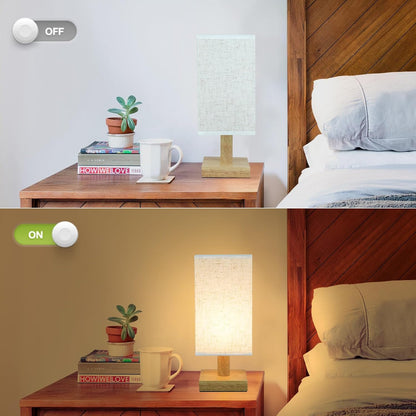 Small Bedside Table Lamp for Bedroom,Natural Round Wood Base&Fabric Linen Shade,Cozy Night Table Light for Study Reading,Minimalist Boho Desk Lamp for Nightstand,Living Room,Nursery,Kitchen,Dorm