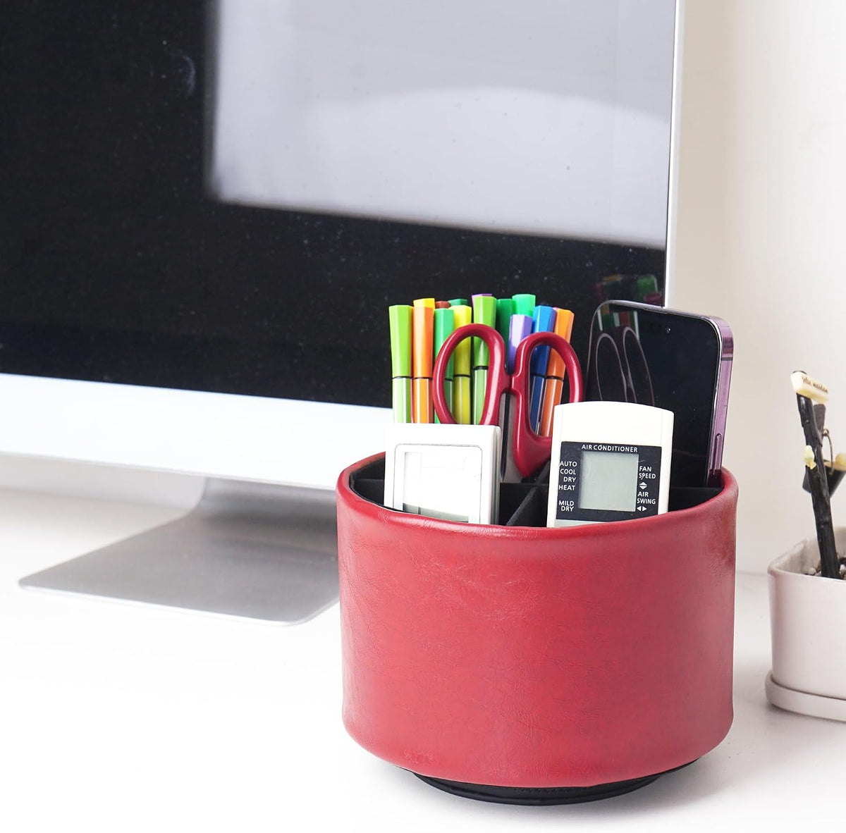 Round Leather Art Supply Organizer,Remote Control Holder,360 Degree Rotating,Multi-Functional Pencil Holder,4 Compartments Desktop Stationary Organizer(1-Blue Bird) - Colors B