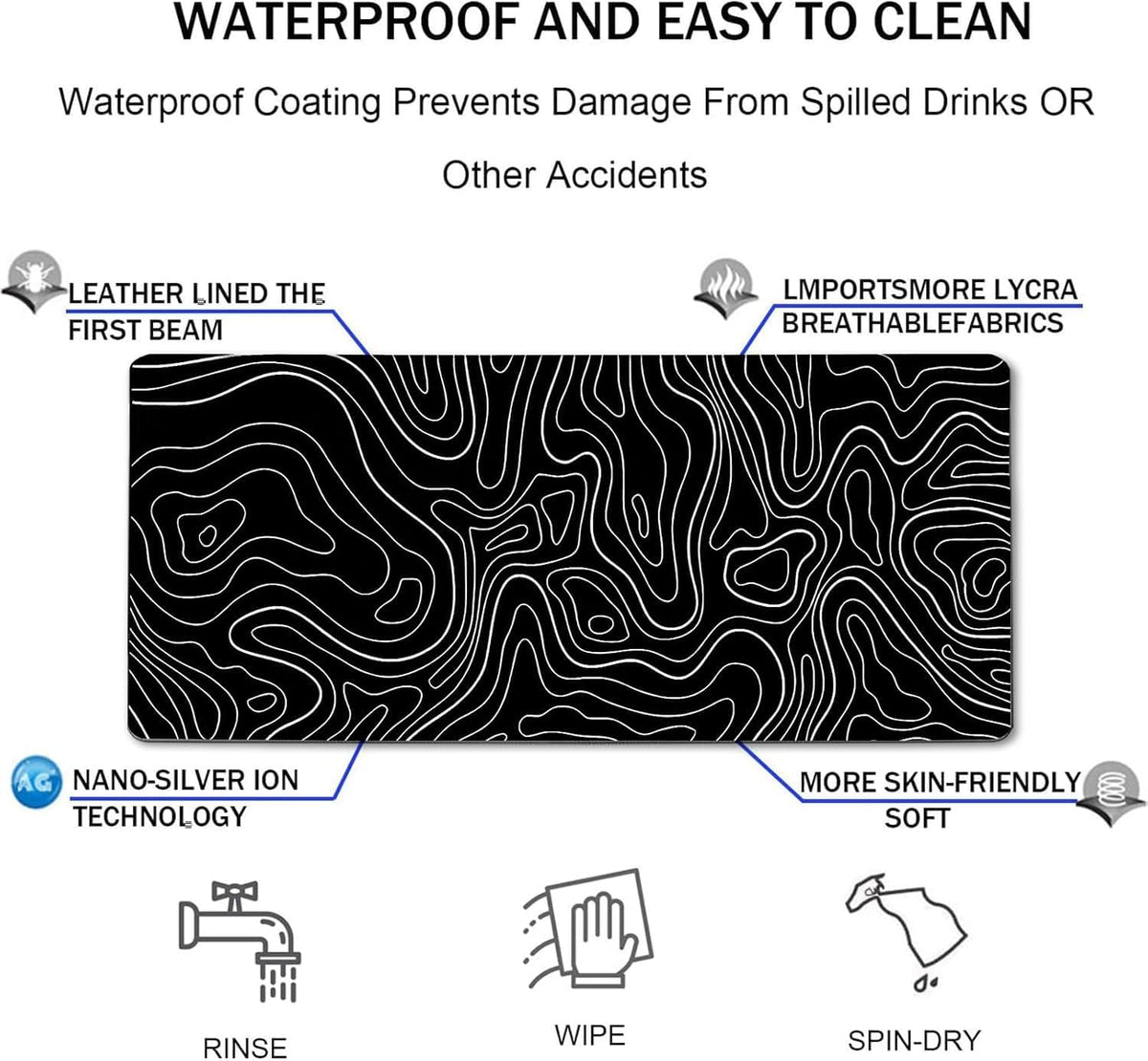 31.5" x 15.7" Waterproof Fabric Desk Pad, Rubber Anti-Slip Base, Stitched Edges No Curling, Fits Laptop Keyboard and Mouse, Smooth Office Mat Large Mouse Pad for Work Game, Black