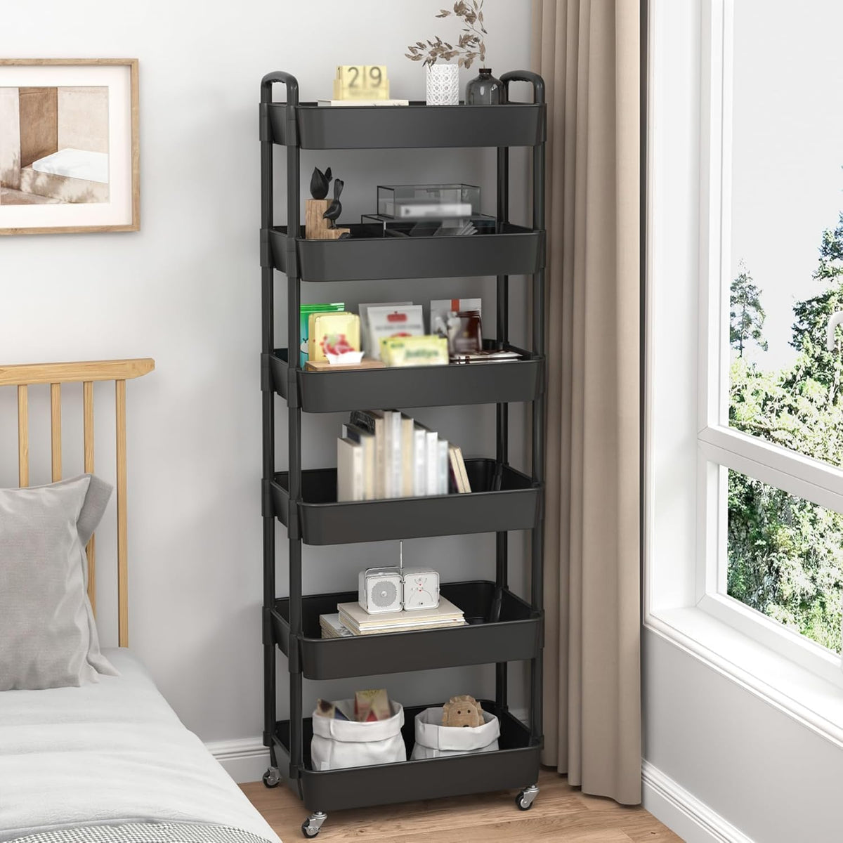 Sywhitta 3-Tier Plastic Rolling Utility Cart with Handle, Multi-Functional Storage Trolley for Office, Living Room, Kitchen, Movable Storage Organizer with Wheels, Black