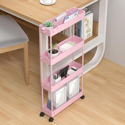 SPACELEAD Slim Storage Cart 4 Tier,Bathroom Organizer Rolling Utility, Mobile Shelving Unit Slide Out for Office, Kitchen, Laundry Room & Narrow Places,White