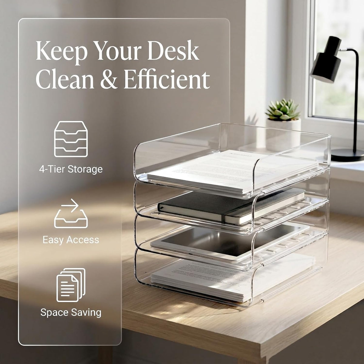 DCA Large Capacity Desk Organizer, 4 Tier Paper Organizer, File Organizer for Desk, Stackable Paper Tray for Office, Home and School