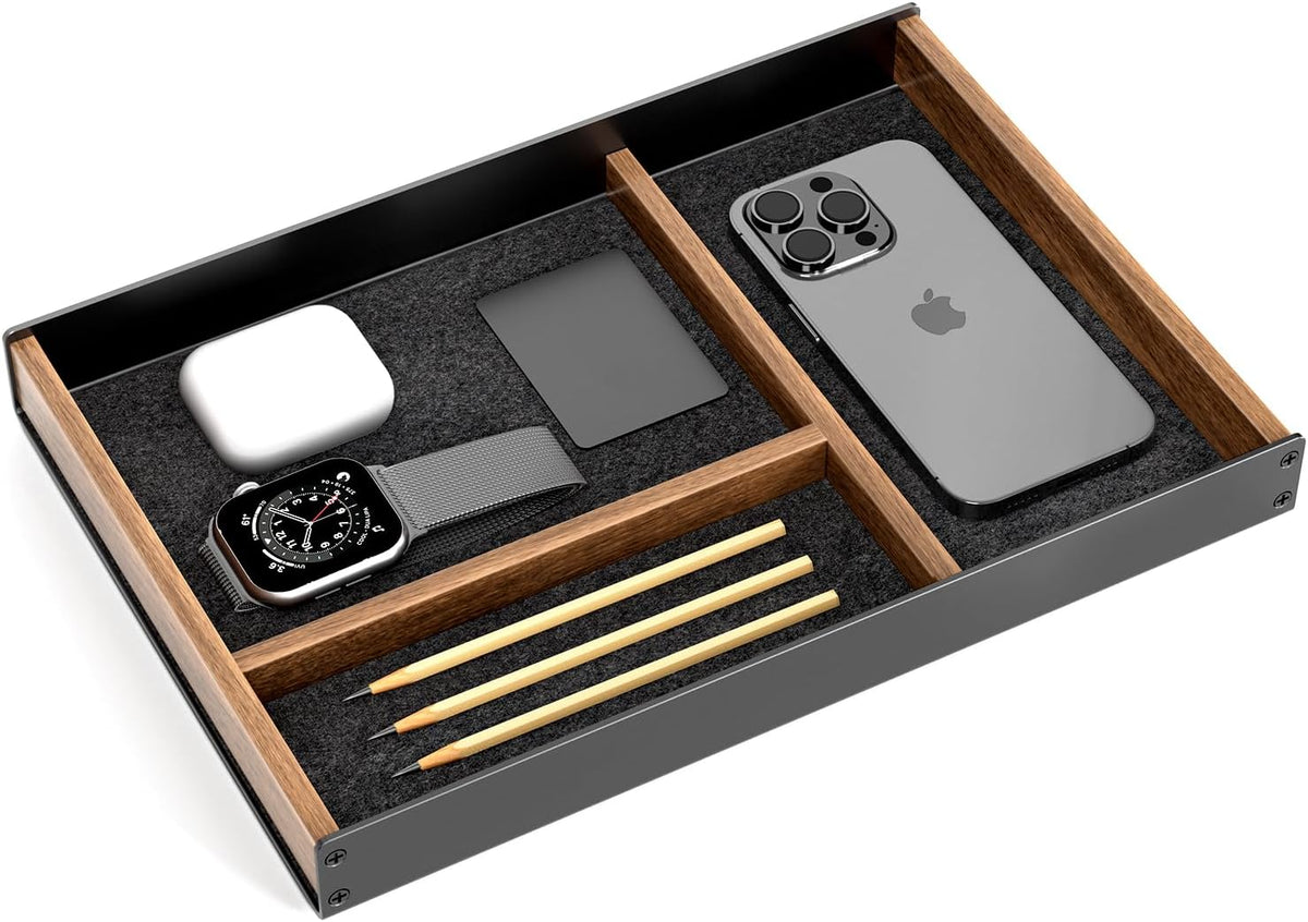UPERGO Desk Drawer Organizer Tray, Mens Valet Made of Aluminum and Walnut, Aesthetic Desk Accessories for Office Home Supplies