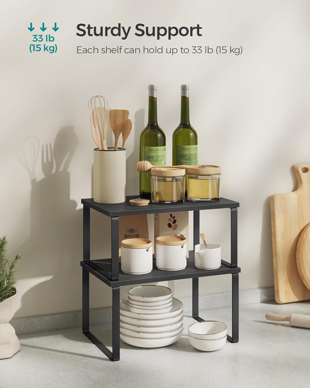 SONGMICS Cabinet Organizer Shelf, Set of 4 Kitchen Counter Shelves, Kitchen Storage, Spice Rack, Stackable, Expandable, Metal and Engineered Wood, Cloud White and Natural Beige UKCS010N01