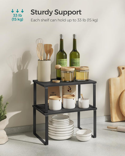 SONGMICS Cabinet Organizer Shelf, Set of 4 Kitchen Counter Shelves, Kitchen Storage, Spice Rack, Stackable, Expandable, Metal and Engineered Wood, Cloud White and Natural Beige UKCS010N01