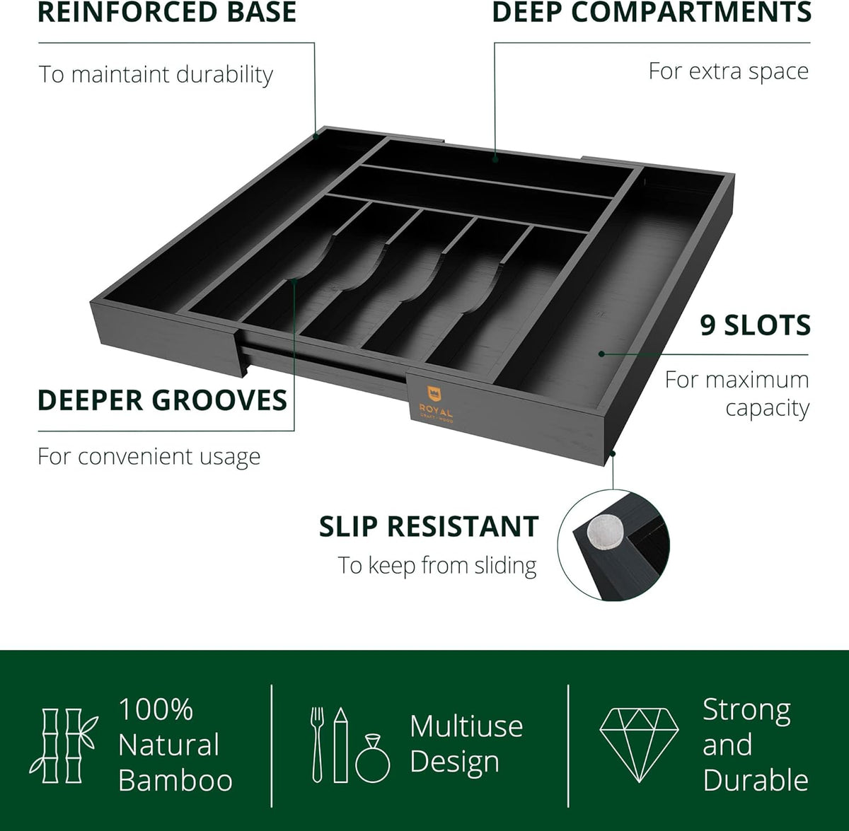 ROYAL CRAFT WOOD Luxury Bamboo Kitchen Drawer Organizer - Silverware Organizer, Utensil Holder & Cutlery Tray Drawer Dividers for Flatware (9 Slot, Natural)