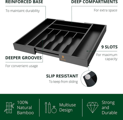ROYAL CRAFT WOOD Luxury Bamboo Kitchen Drawer Organizer - Silverware Organizer, Utensil Holder & Cutlery Tray Drawer Dividers for Flatware (9 Slot, Natural)