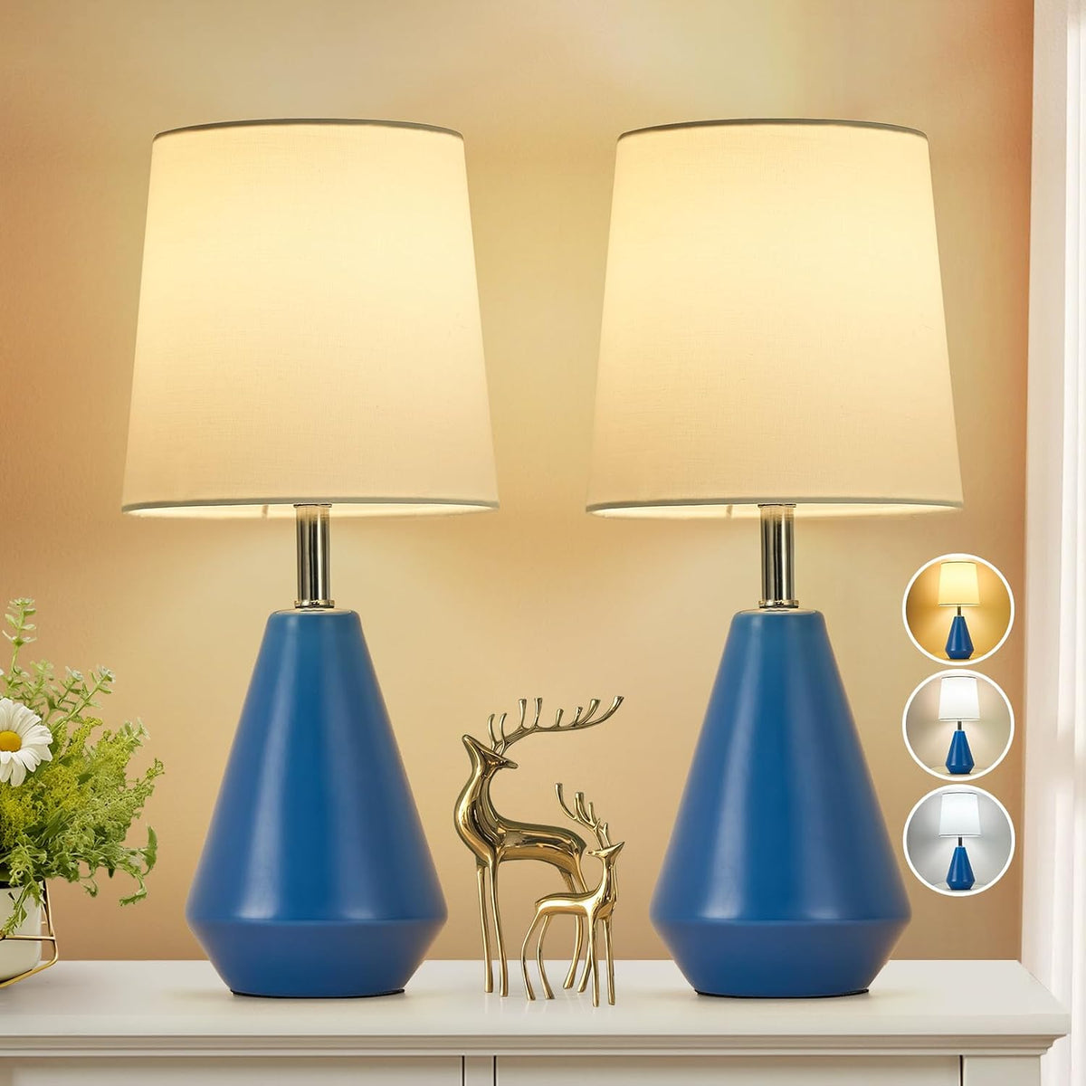 Small Bedside Table Lamp for Bedroom - Reading Desk Lamp with 3 Color Temperatures，15.5" Nightstand Ceramic Lamp with Fabric Shade for Kids Room,Living Room,Dorm,Home Office (Green)