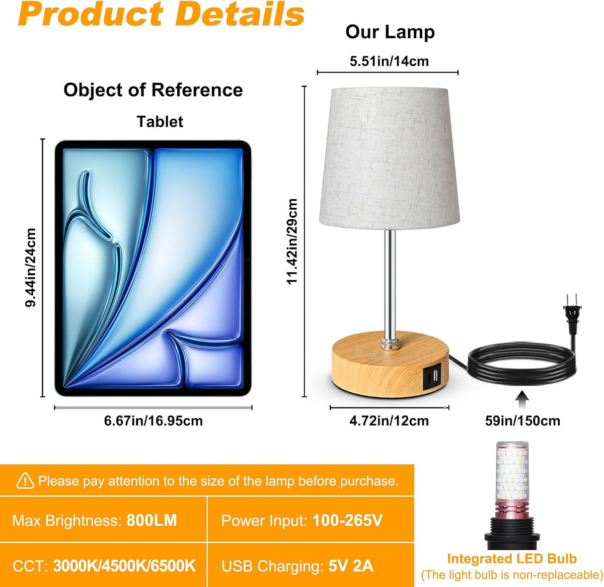 Ascher Small Bedside Table lamp, RGB Color Changing Lamps, 3 Color Temperatures, Dimmable Nightstand Lamp with USB C+A Ports, Touch Desk Lamp for Bedroom Living Room, H11.4in(Flaxen Shade)