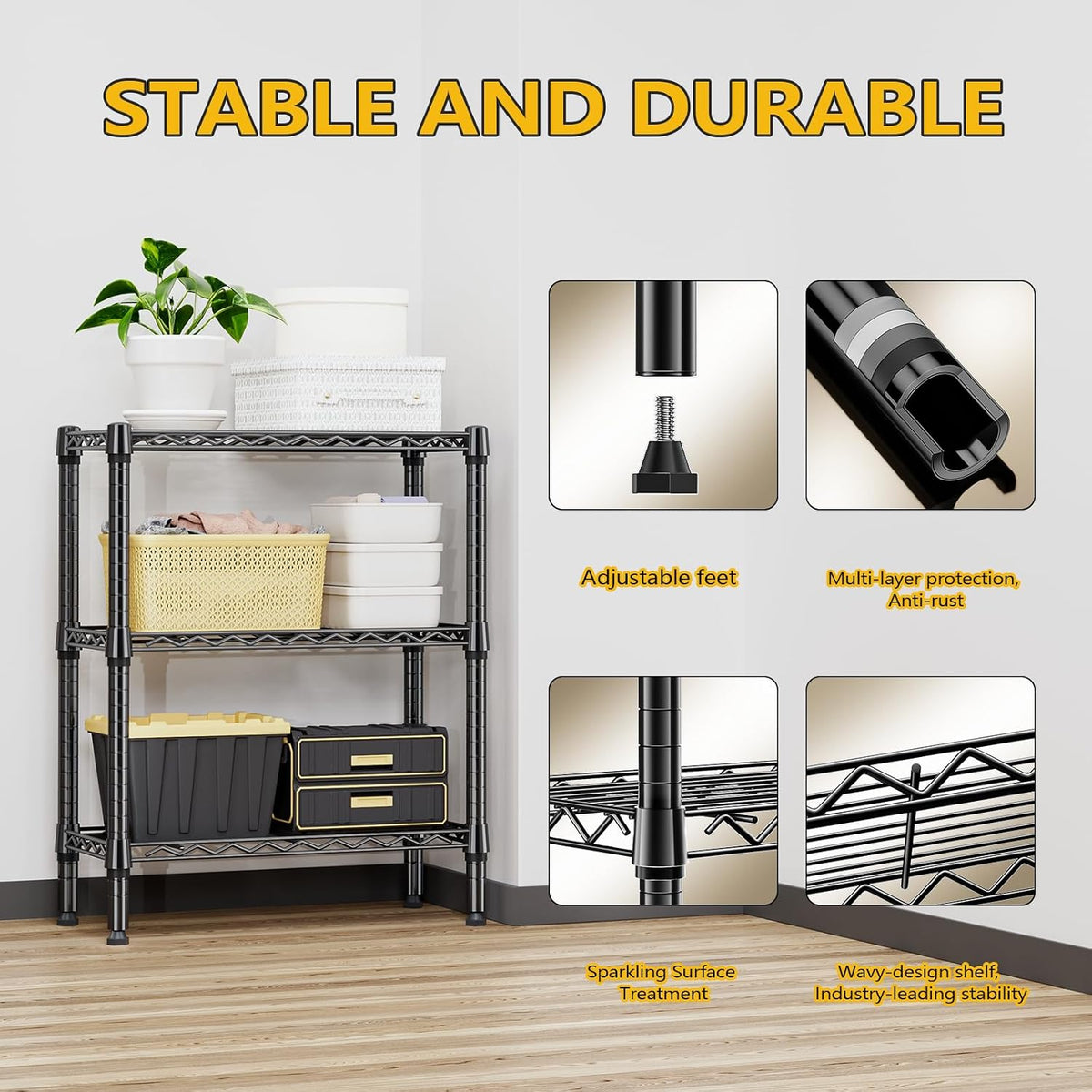 M MZG 450 lbs Steel Storage Shelving 3-Tier Utility Shelving Unit Steel Organizer Wire Rack for Home,Kitchen,Office (11.8" D x 17.7" W x 26.3" H) - Colors A