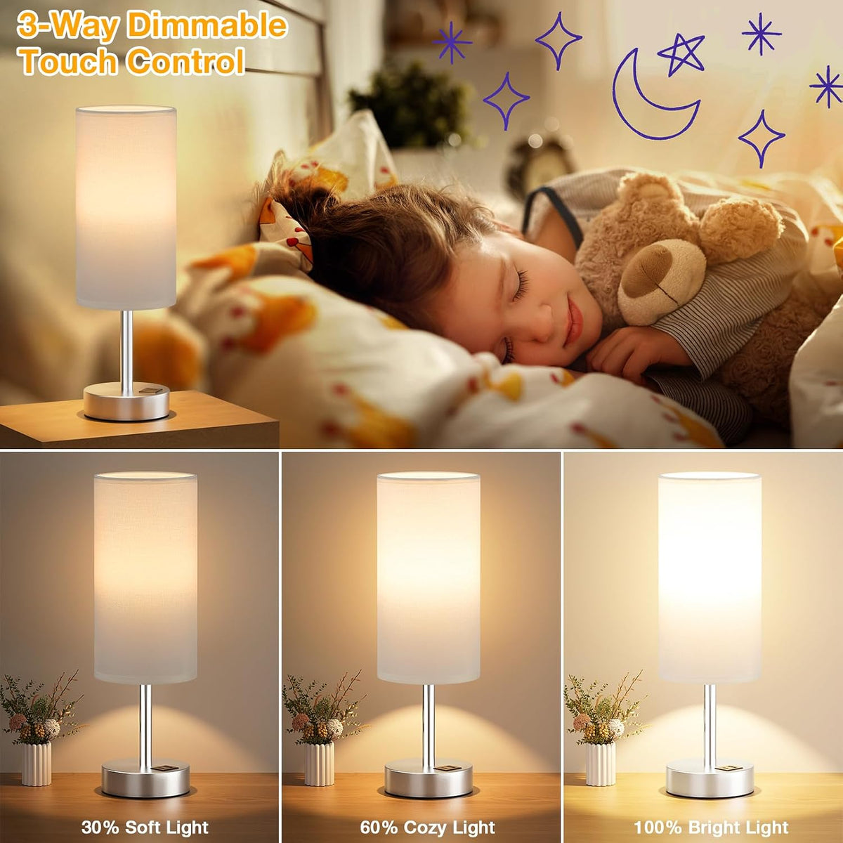 Dicoool Bedside Table Lamp for Bedroom - 3-Way Dimmable Touch Lamp, USB A+C