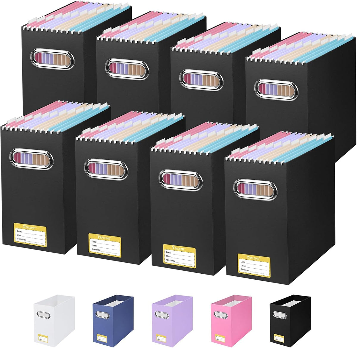 BALEINE File Organizer Box, Cardboard File Folder Organizer with Handle for Letter Size, Portable Collapsible Hanging Filing Box for Home Office Document Storage (2 Pack, Black)