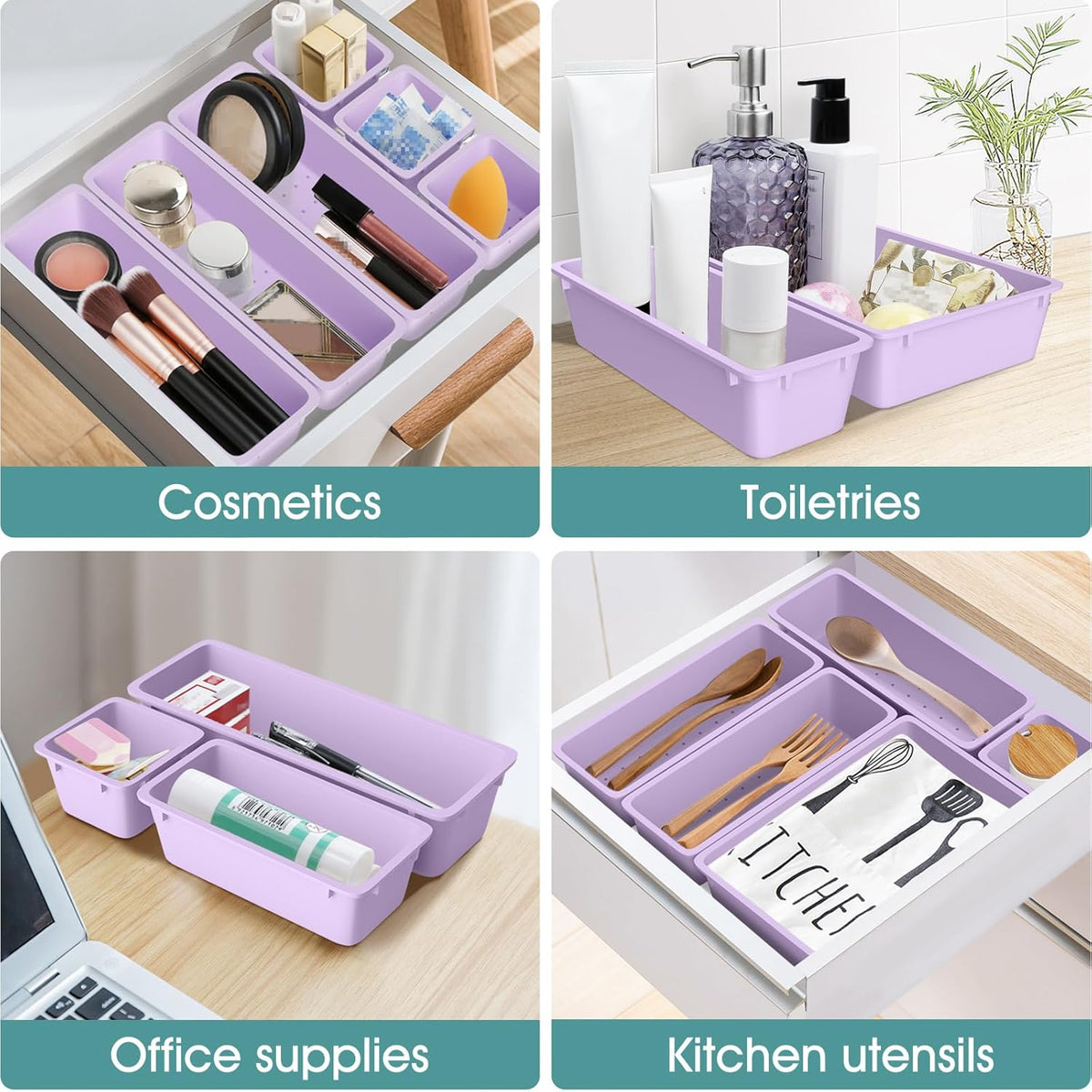 WOWBOX 25 PCS Clear Plastic Drawer Organizer Set, 4 Sizes Desk Drawer Divider Organizers and Storage Bins for Makeup, Jewelry, Gadgets for Kitchen, Bedroom, Bathroom, Office